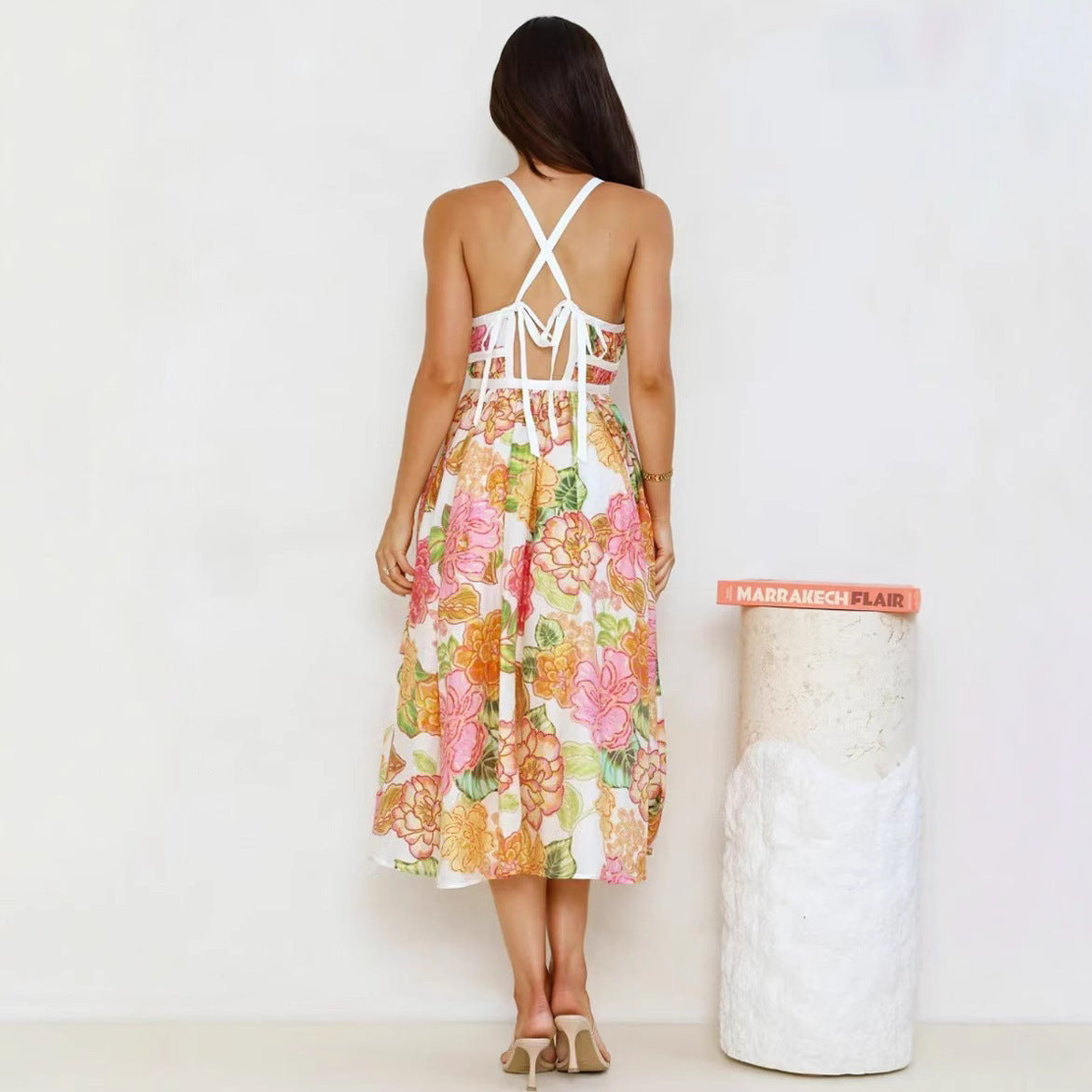 Floral Swing Dress V-Neck Lace-Up Summer Vacation Dress