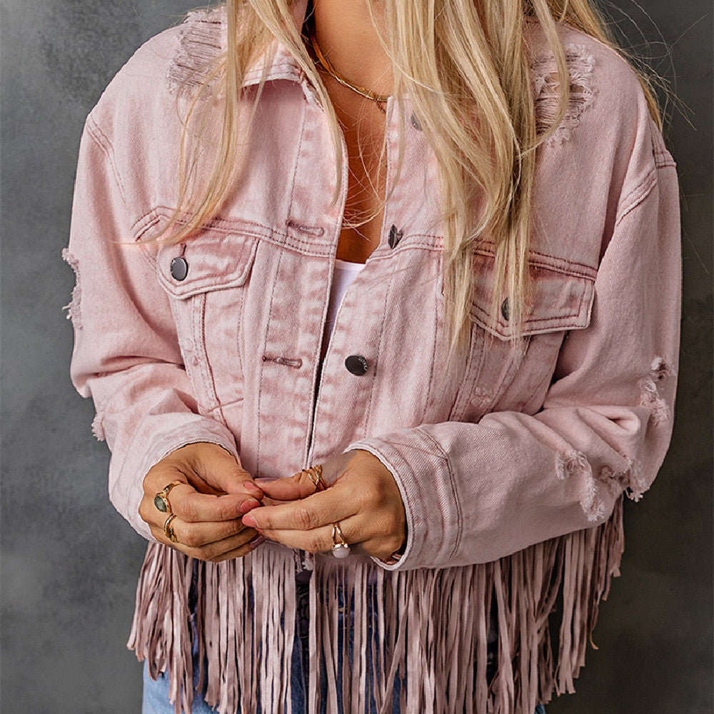 Stand-Up Collar Denim Solid Color with Tassel Stitching