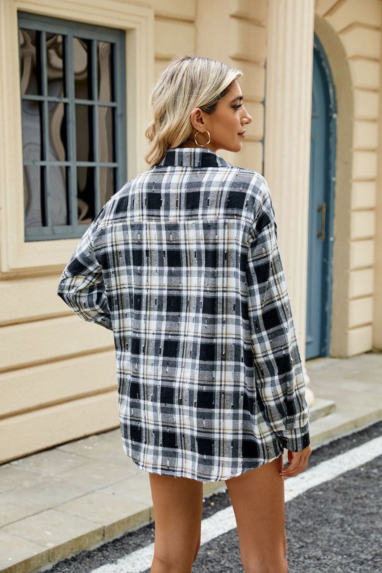 Retro Plaid Shirt Long Sleeve Loose Fit with Lapel Collar