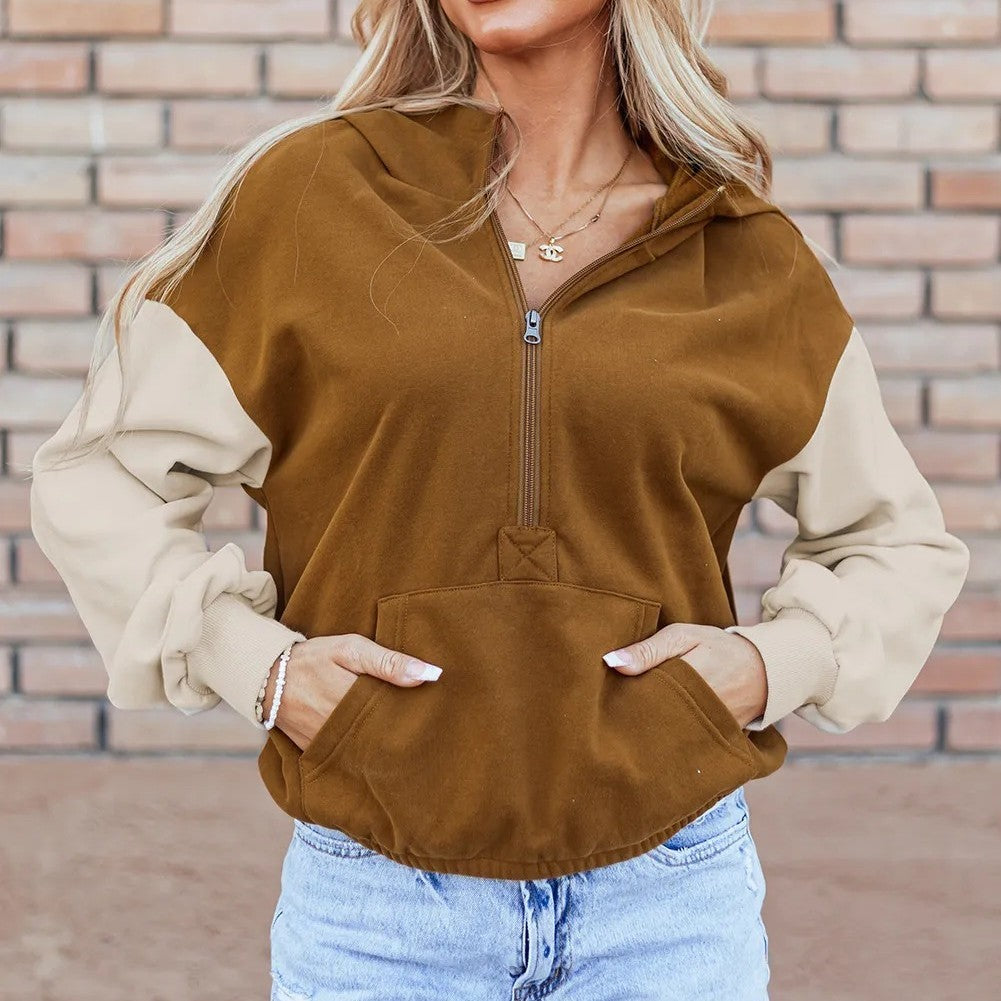 Chestnut Color Block Half Zip Kangaroo Pocketed Hoodie