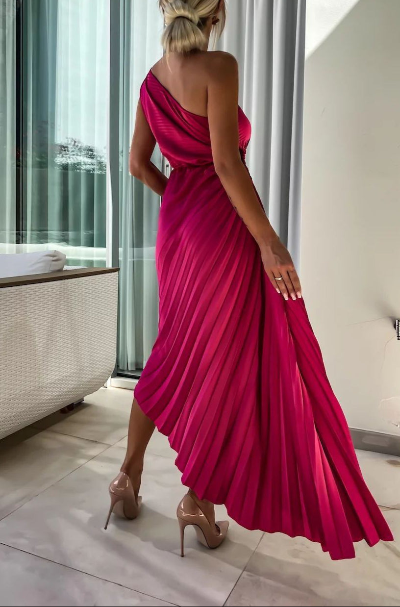 Pleated One-Shoulder Dress with Rose Flower Asymmetrical