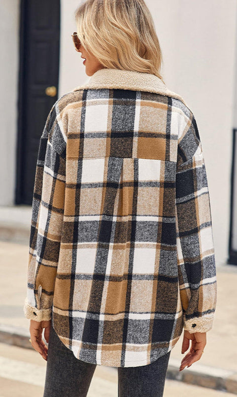 Plaid Velvet Jacket Polo Collar