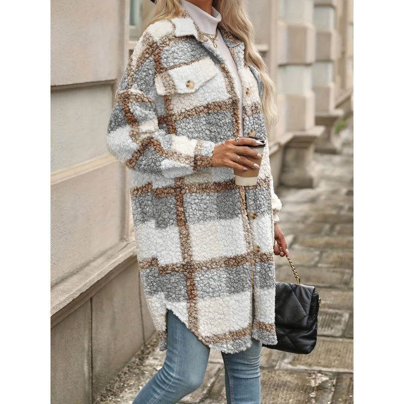 Lapel Colorblock Plaid Padded New Design Coat