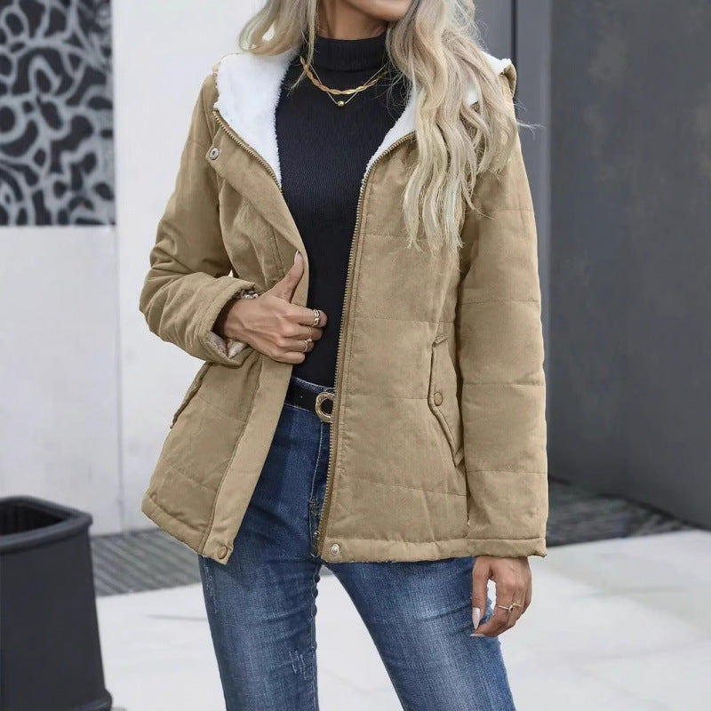 Fleece-Lined Hooded Coat – Winter Preppy Long Sleeve Jacket with Pockets