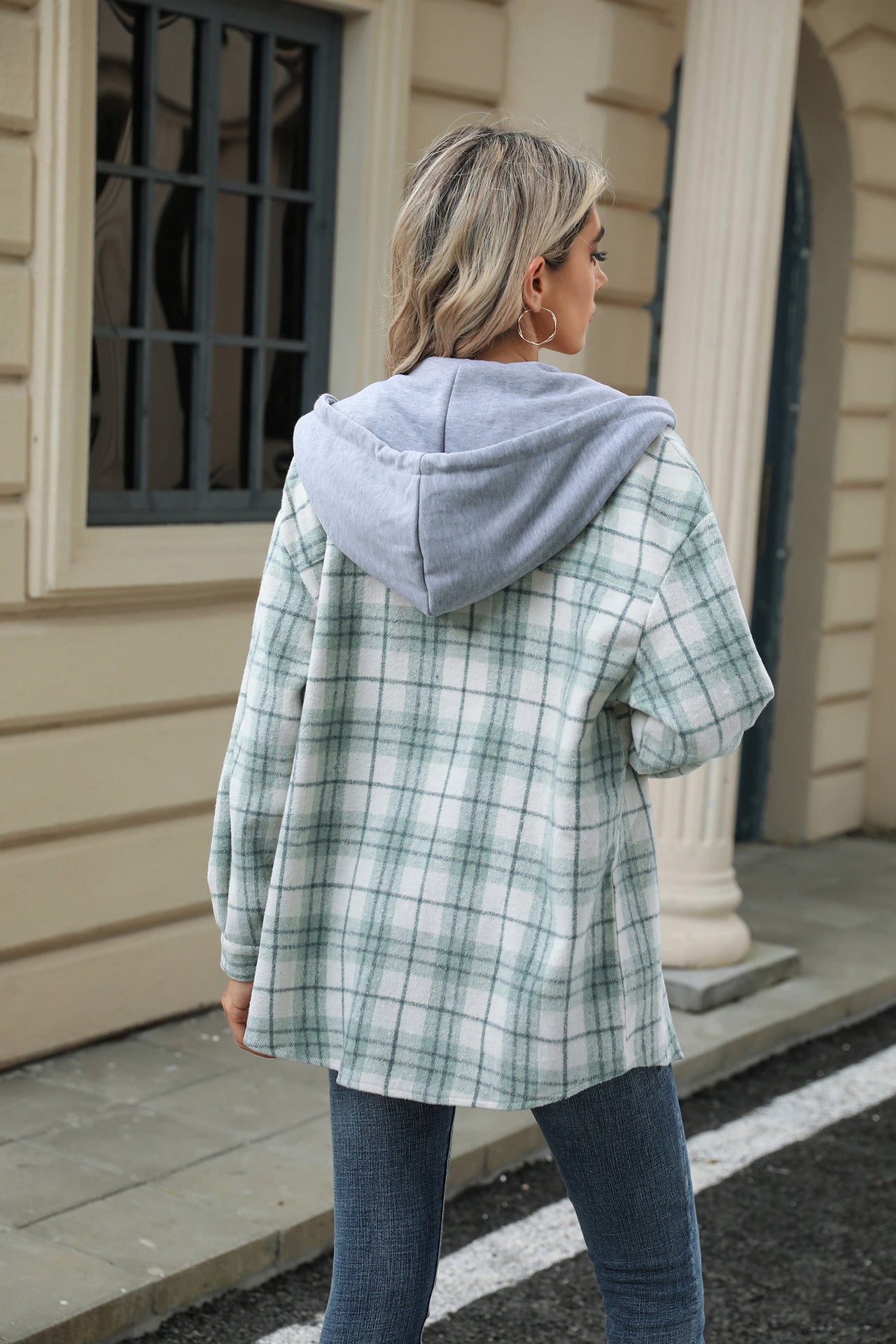 Hooded Multi-button Plaid Long Sleeve Loose Woolen Coat