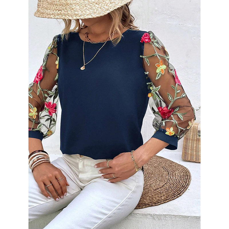 Floral Embroidered Sheer Mesh Puff Sleeve Top Boho Crew Neck