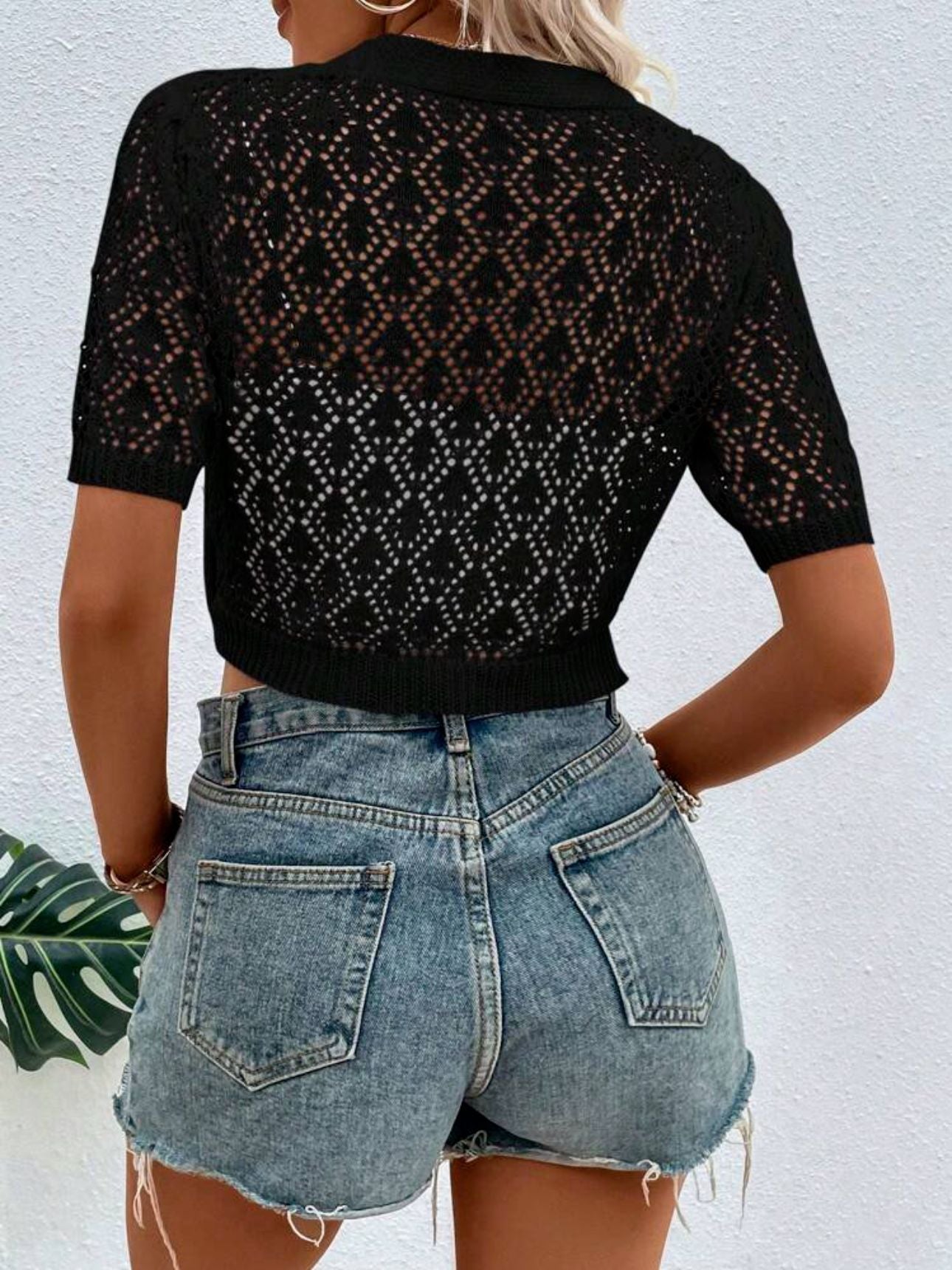 Front Button Pointelle Knitted Cropped Cardigan Sweater