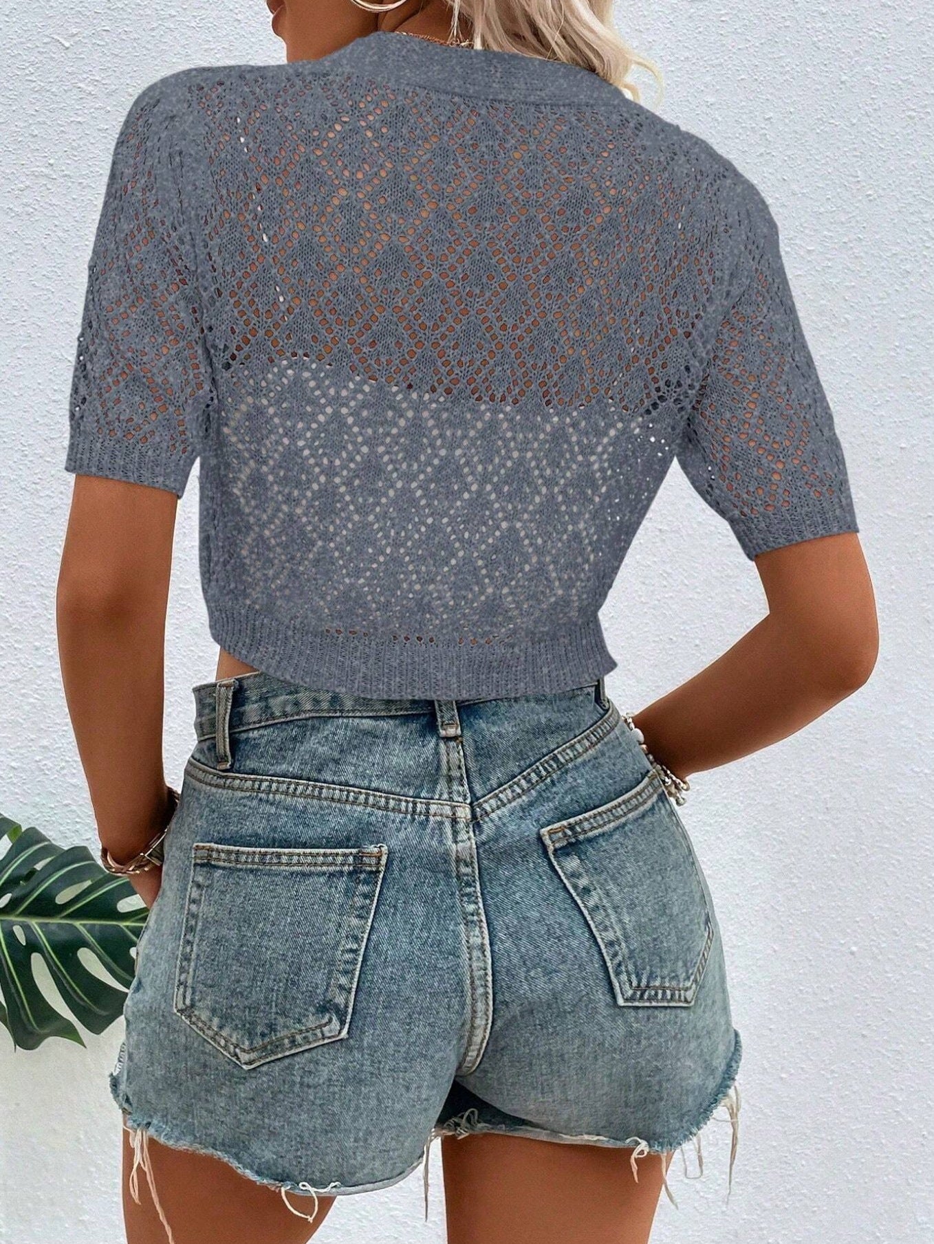 Front Button Pointelle Knitted Cropped Cardigan Sweater