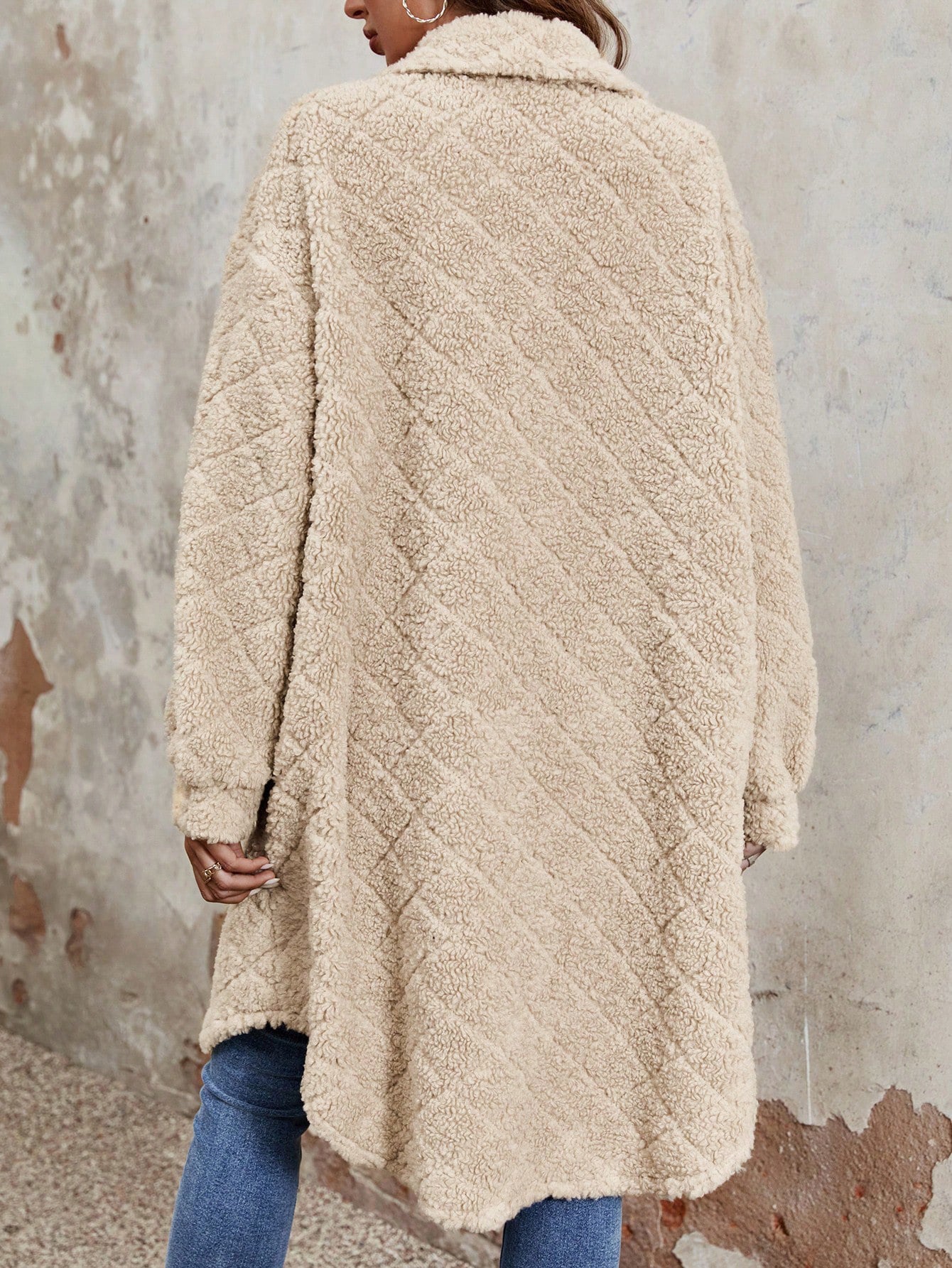 Plush Warm Coat Pocket Lapel Collar Long Sleeve Outerwear