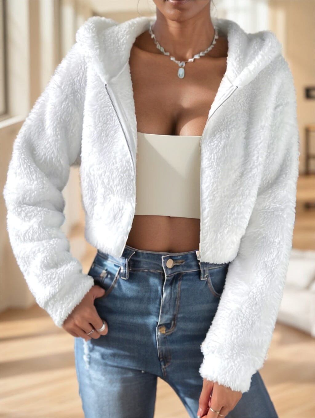 Solid Color Zip-up Hoodie, Casual Long Sleeve Hoodie Jacket Outerwear VAYORK STARS White 2XL