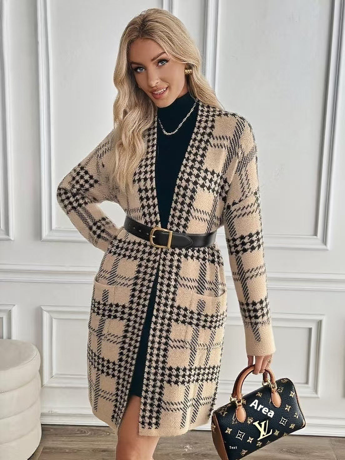 Houndstooth Knitted Long Cardigan Stylish Knit
