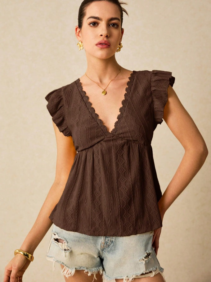 Hollowed-Out V-Neck Lace Top Ruffled Short Sleeve