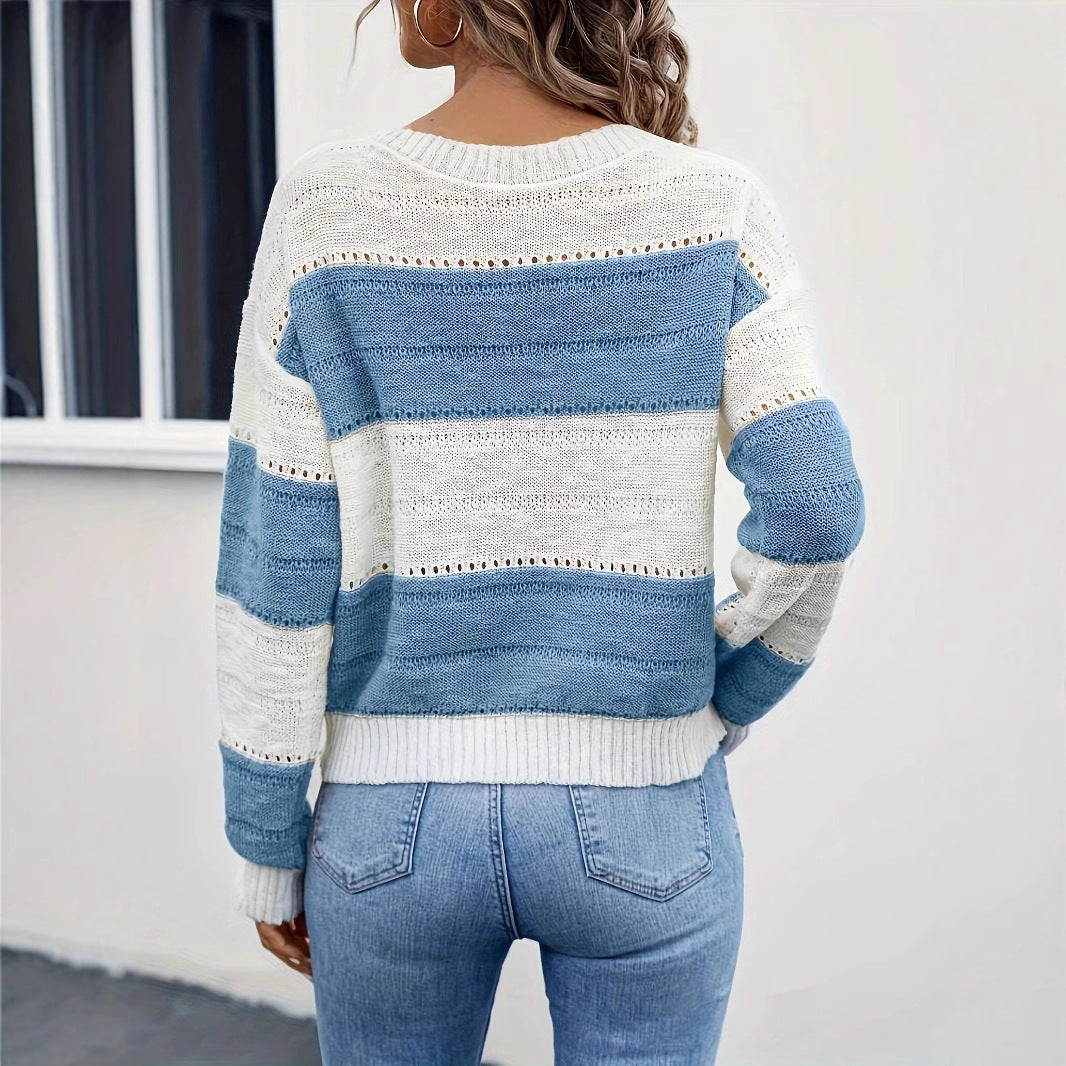 Knitted White & Blue Crew Neck Pullover Sweater