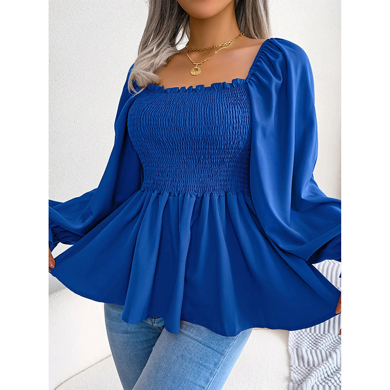 Peplum Tops Square Neck Ruffle Trim Long Sleeve Blouse Smocked Top Dressy