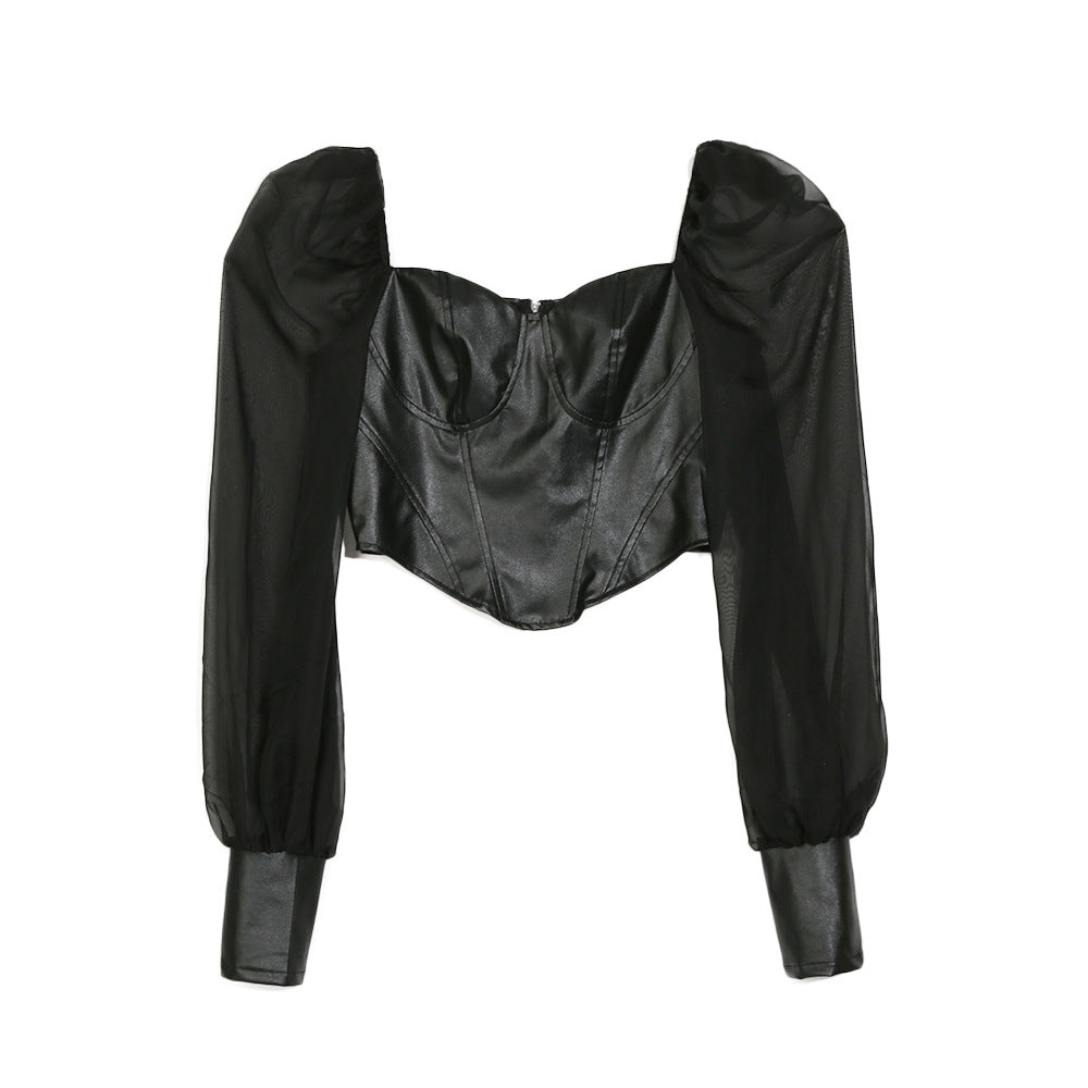 One-Shoulder Mesh Top Puff Sleeve Stitching