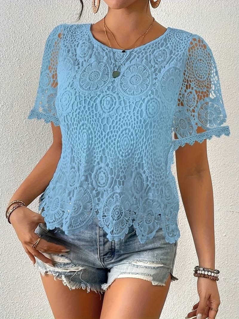 Elegant Lace V-Neck Blouse With Floral Cut-Out Detail Short Sleeve Tops VAYORK STARS Sky Blue 2XL