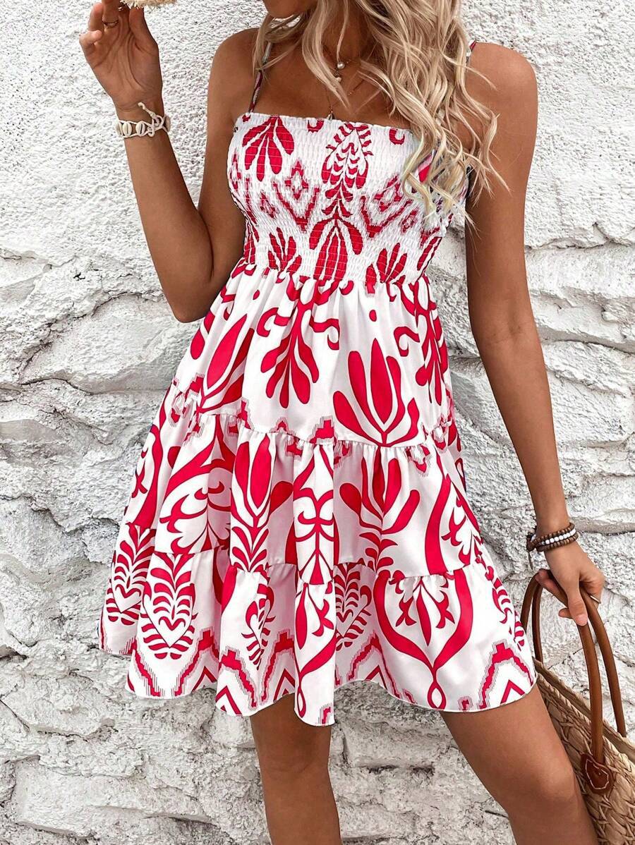 Plant Print Gathered Cami Dress