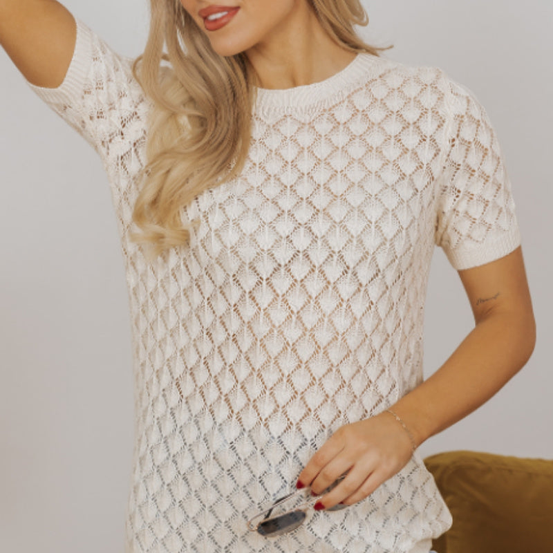 Beige Hollow-Out Crochet O-Neck Short Sleeve Sweater Tee