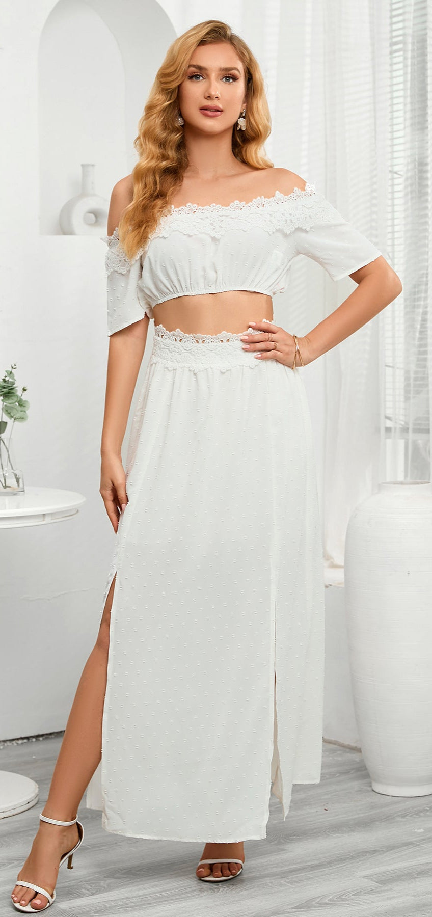 Off-Shoulder Short Sleeve Top Lace Lined Summer Blouse