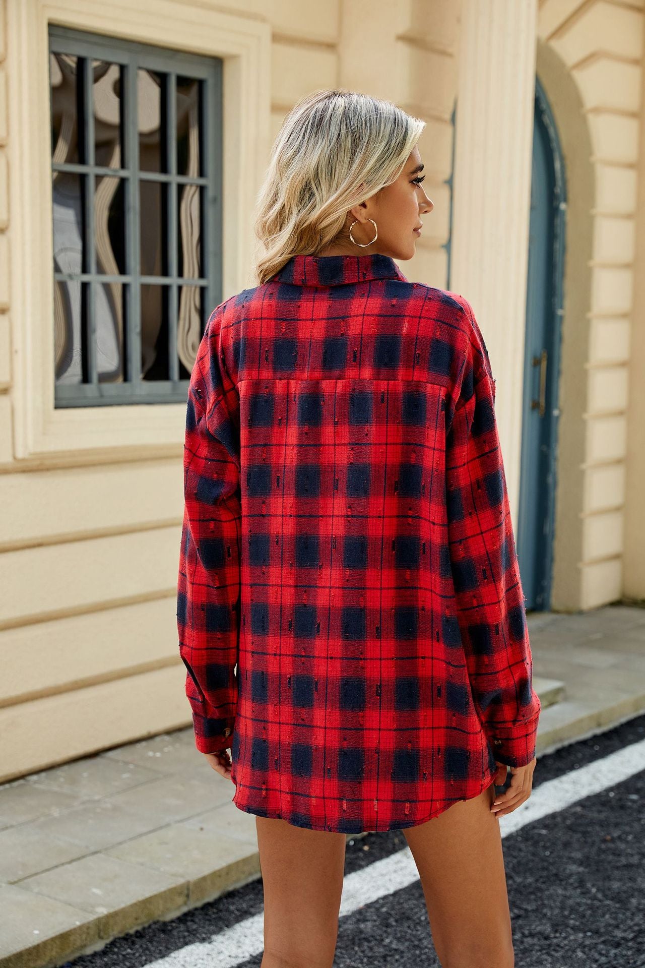 Retro Plaid Shirt Long Sleeve Loose Fit with Lapel Collar