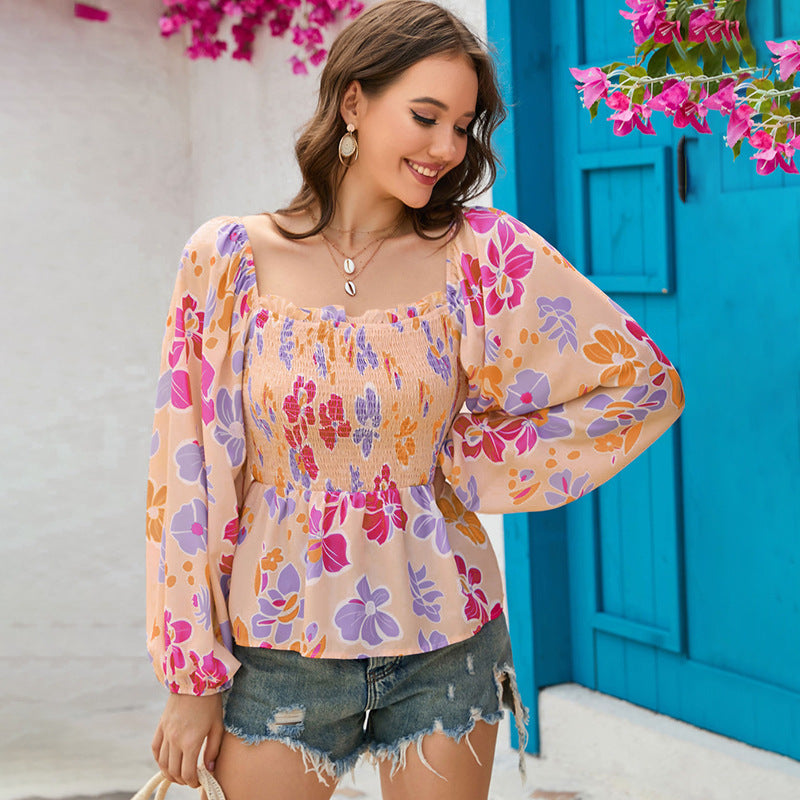 Long Sleeve Chiffon Shirt – Square Neck, Floral Print, Lantern Sleeves, Loose Fit Top