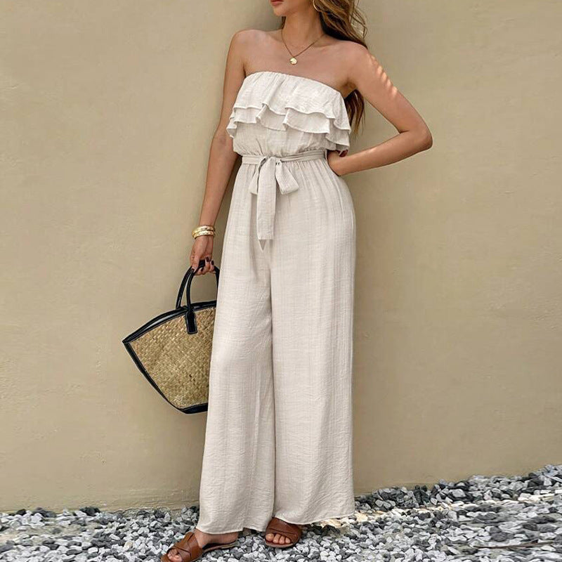 Summer Sleeveless Tube Top Jumpsuit Ruffled Waist Tie