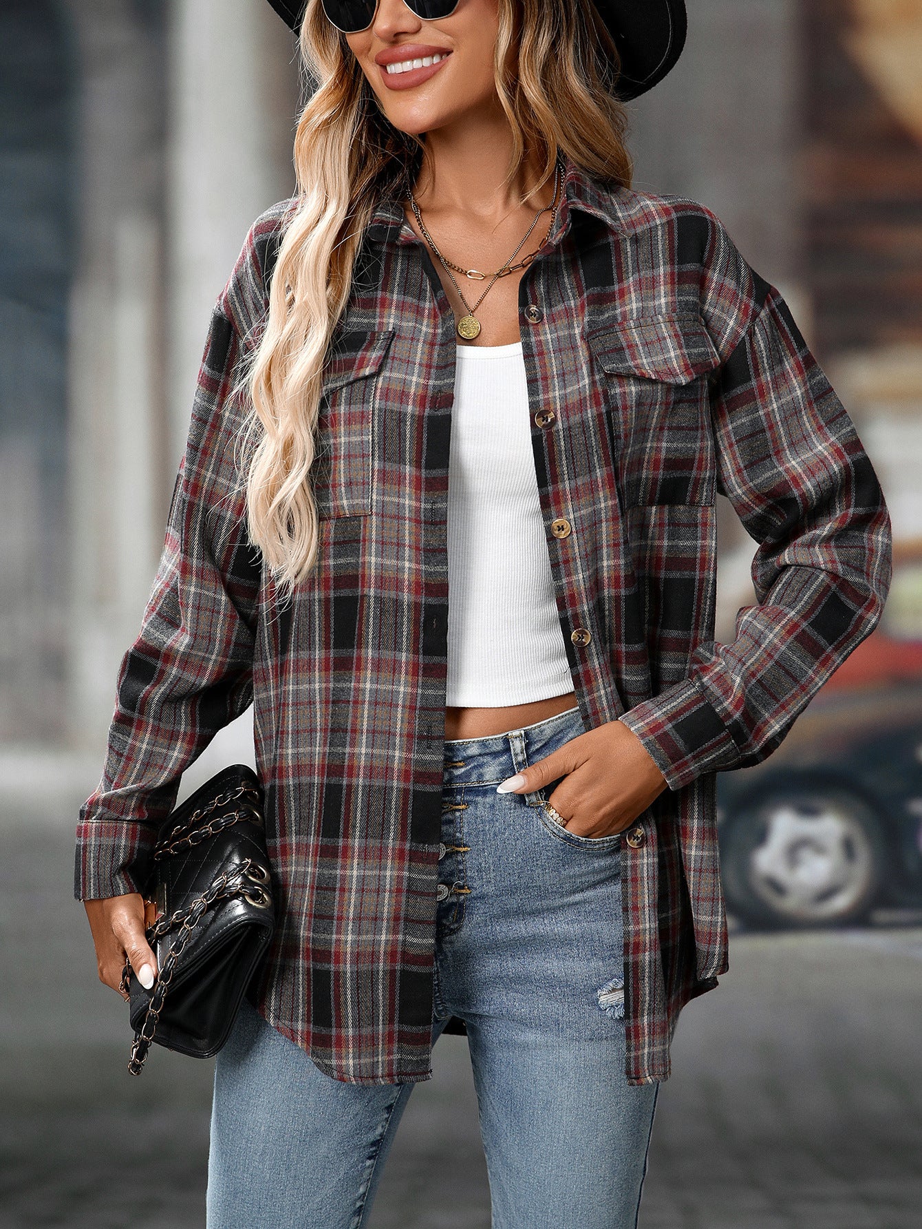 Loose Plaid Shirt Pocket Button