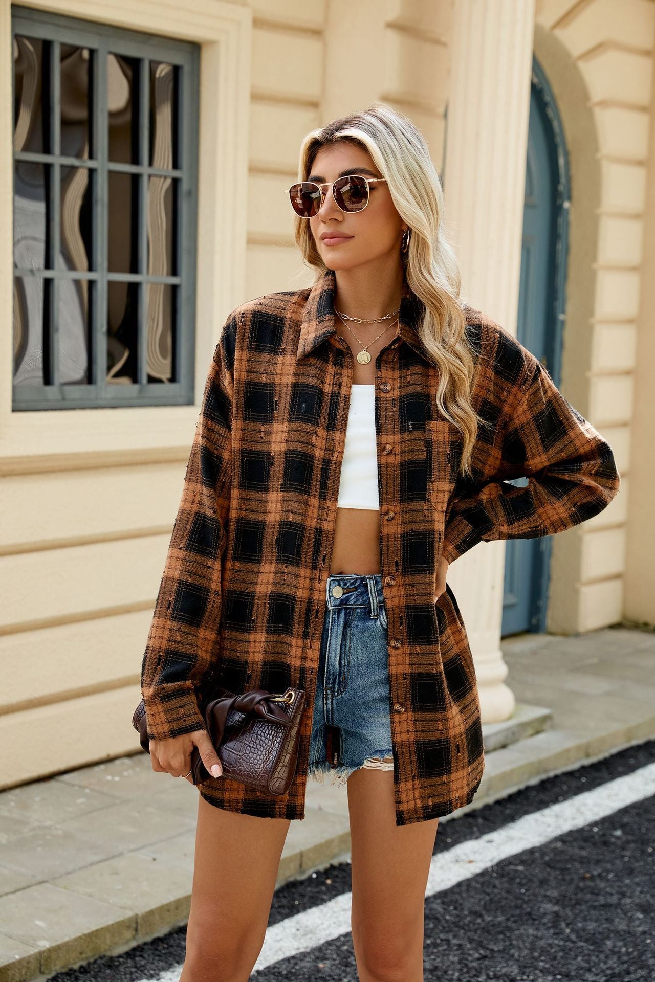 Retro Plaid Shirt Long Sleeve Loose Fit with Lapel Collar