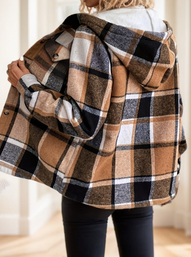 Plaid Hooded Jacket - Casual Long Sleeve Shacket With Button Front