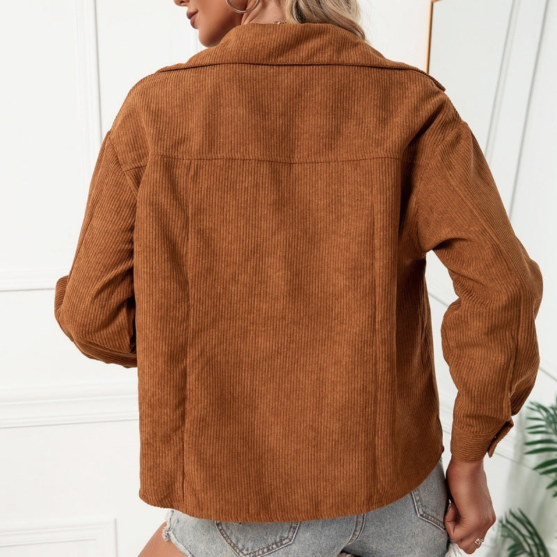 Corduroy Single Breasted Lapel Pocket Shirt Jacket