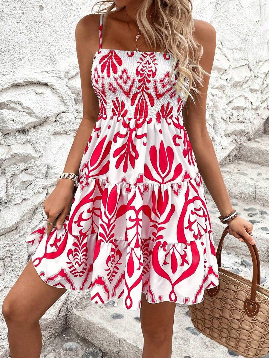 Plant Print Gathered Cami Dress