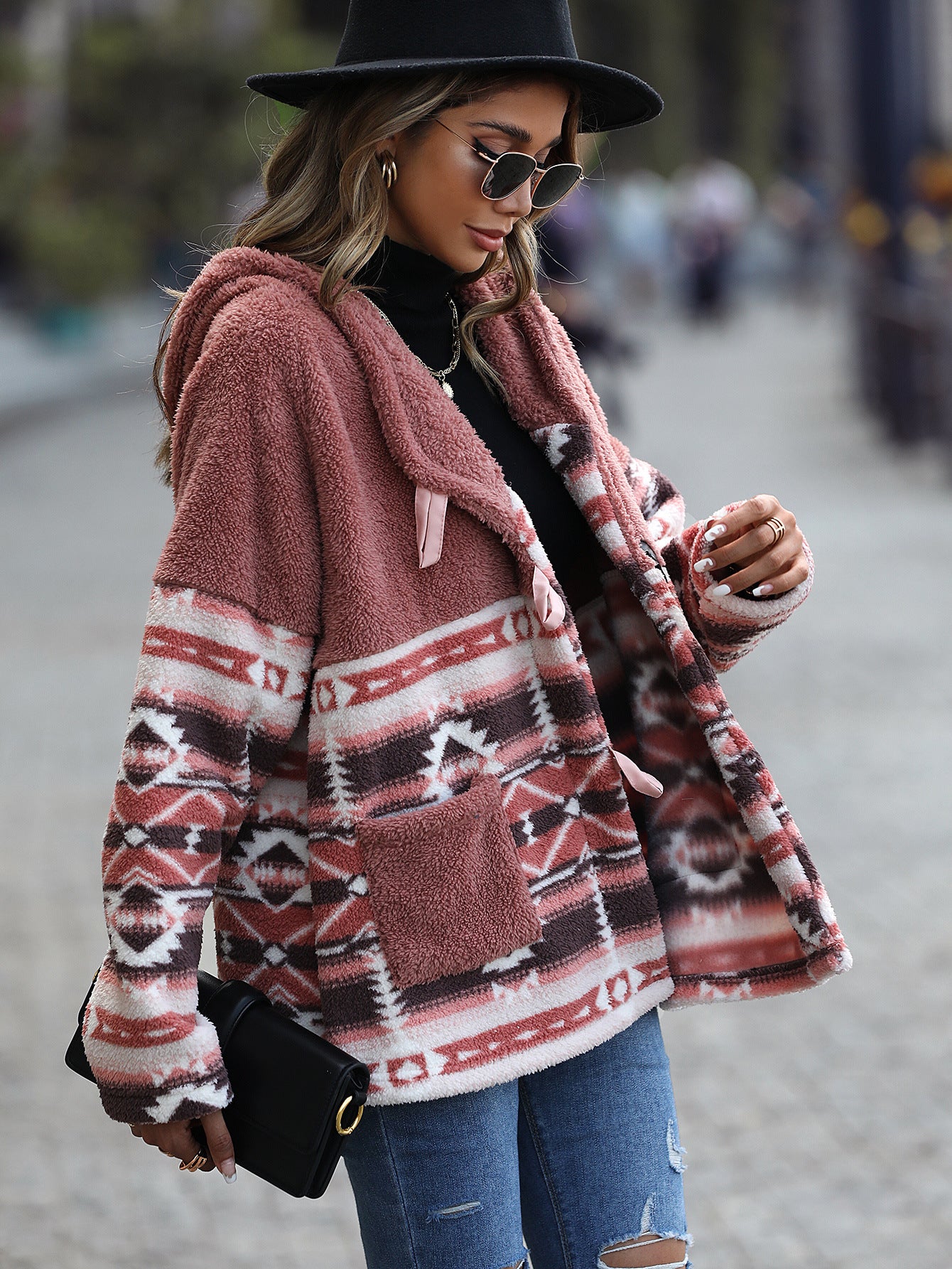 Hooded Long-Sleeve Jacket Geometric Print with Buttons