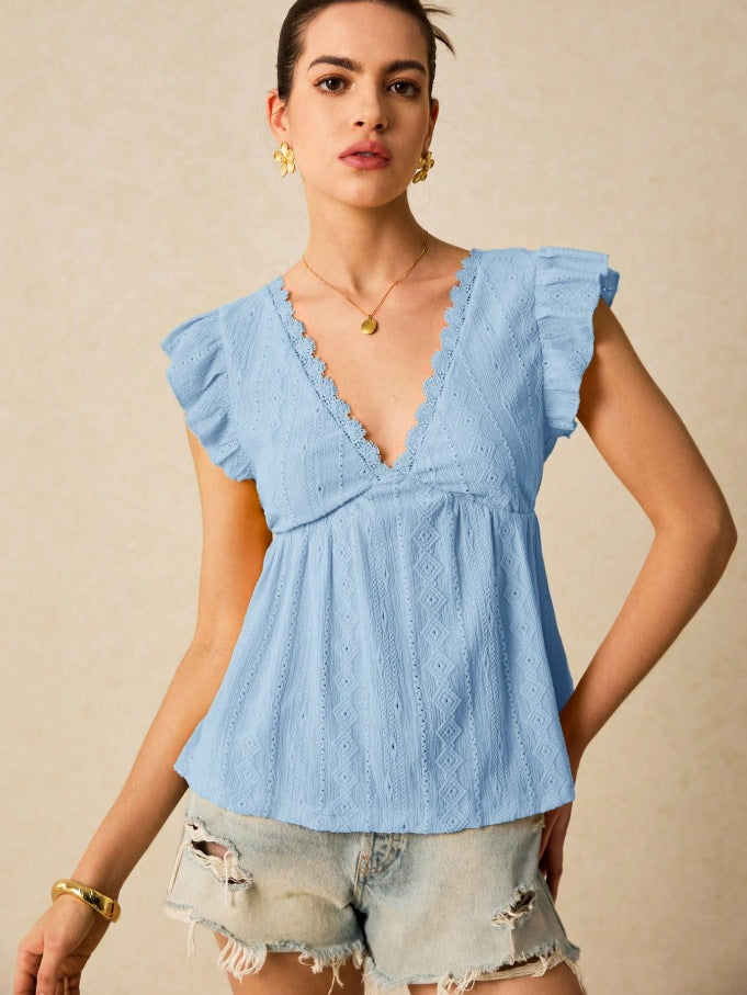 Hollowed-Out V-Neck Lace Top Ruffled Short Sleeve
