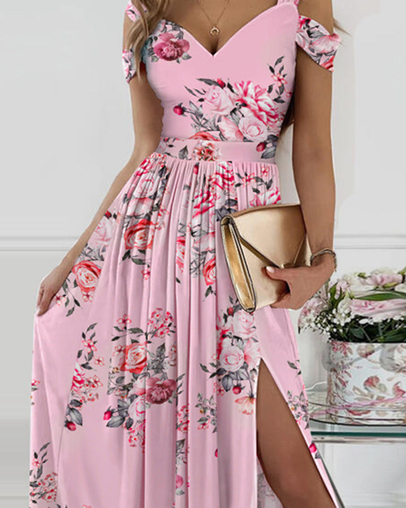 Spaghetti Strap Floral Print Split Dress