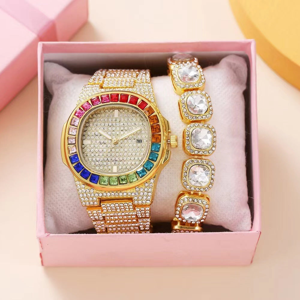 Square Quartz Watch Full Diamond Inlaid Color Stones with Steel Belt Box