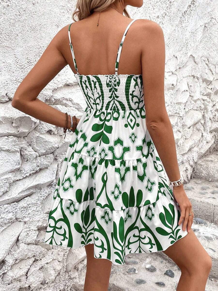 Plant Print Gathered Cami Dress