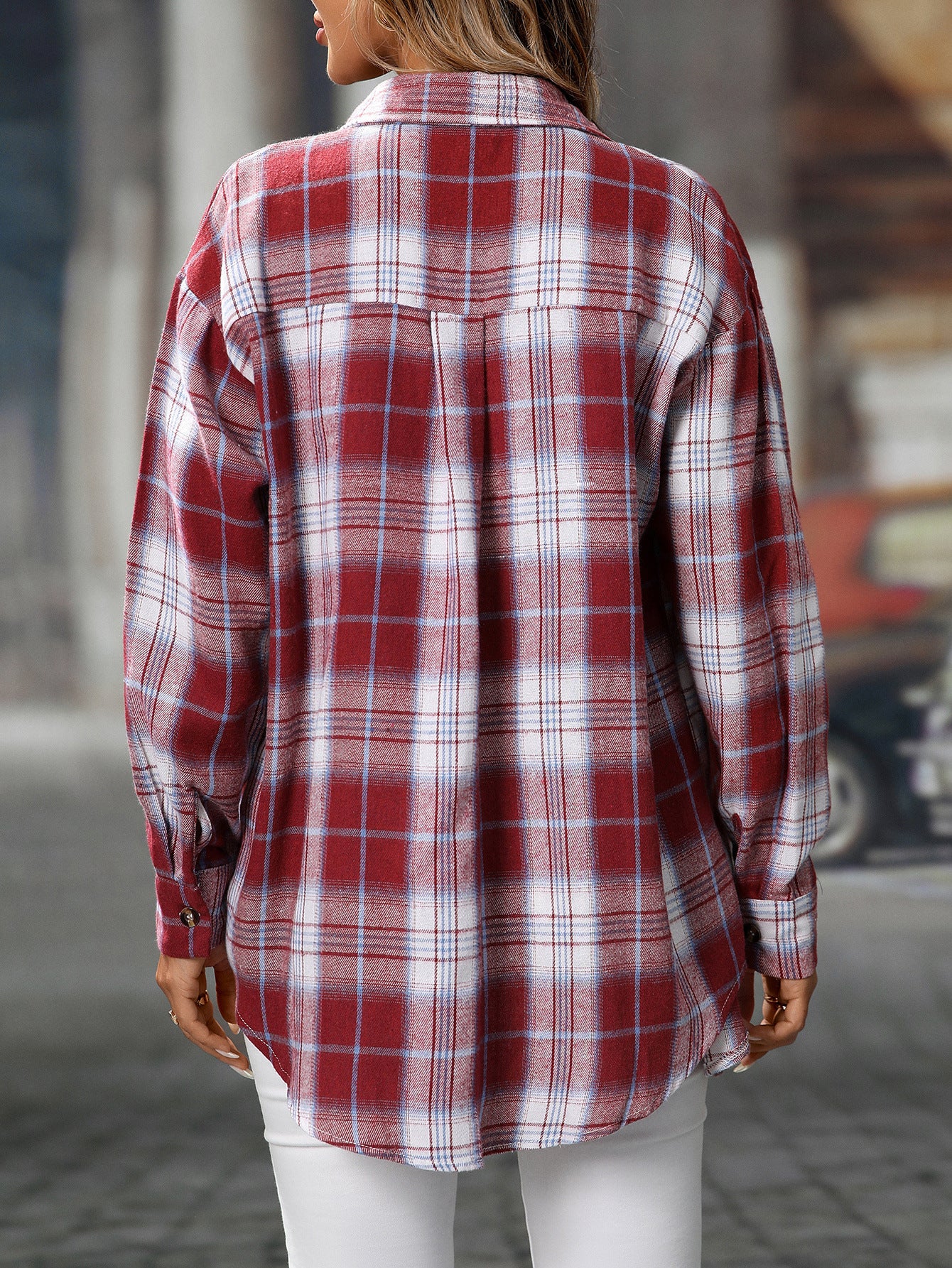 Loose Plaid Shirt Pocket Button