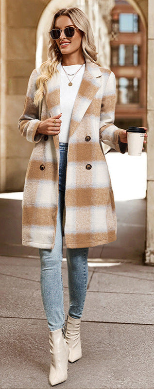 Mid-Length Plaid Coat Double-Breasted Suit Collar Jacket