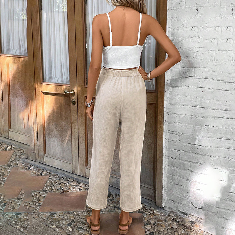 Summer 2-Piece Outfit Sleeveless Lace Vest Top And Casual Elastic Waist Pants