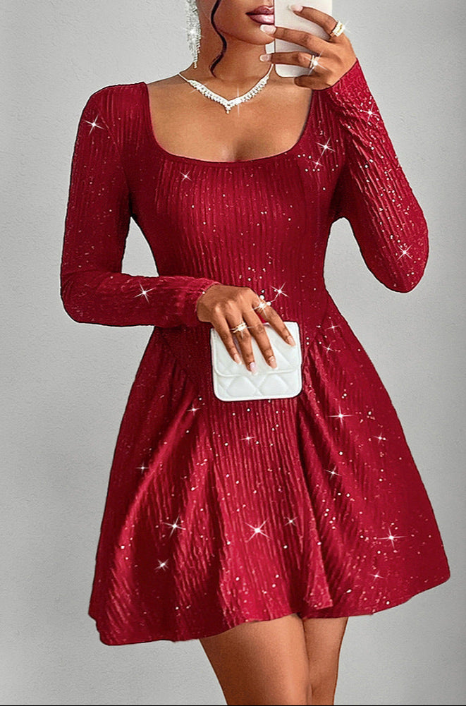 Long Sleeve Square Neck Dress Elegant