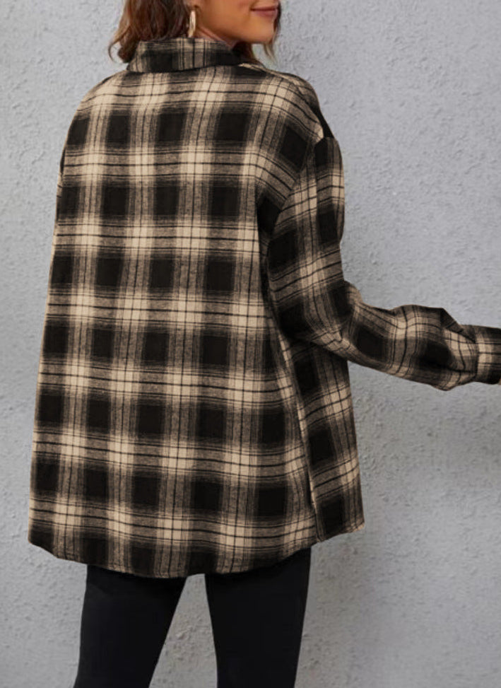 Plaid Cardigan Shirt Loose Fit Casual