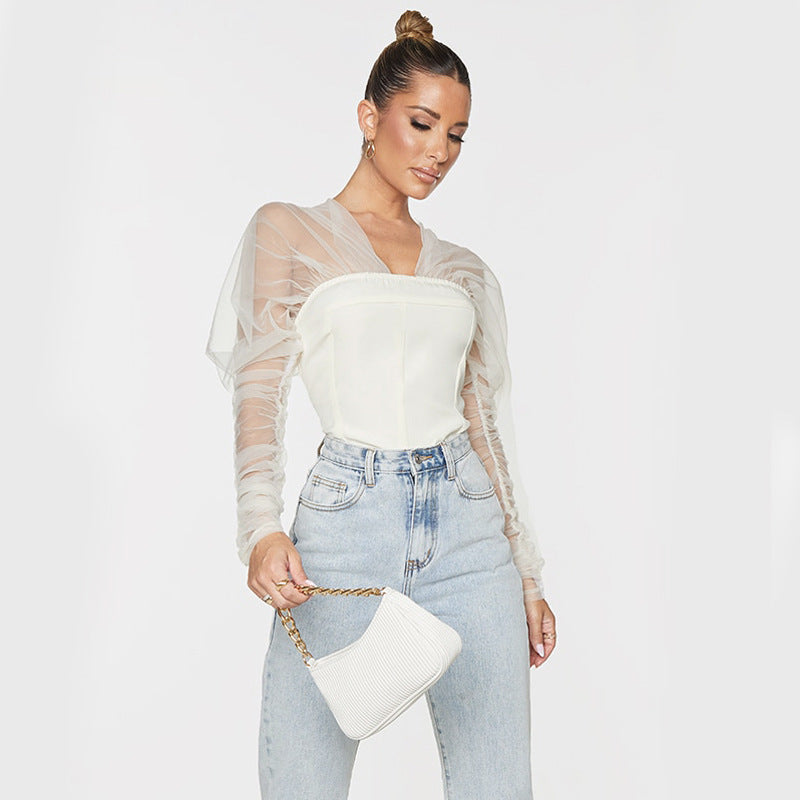 V-Neck Fashion Mesh Panel Puff Sleeve Slim Bodysuit