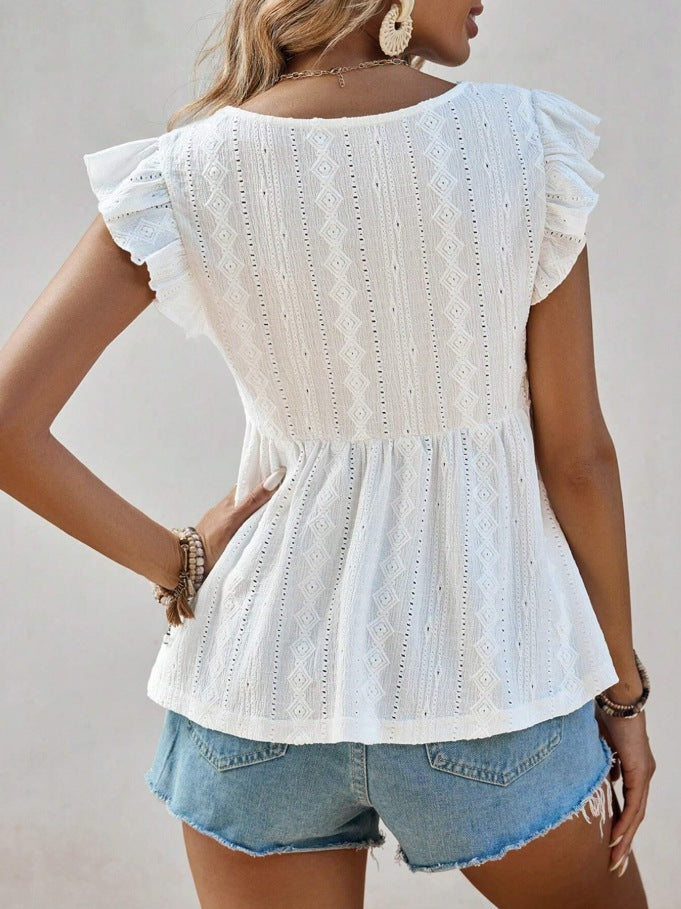Hollowed-Out V-Neck Lace Top Ruffled Short Sleeve