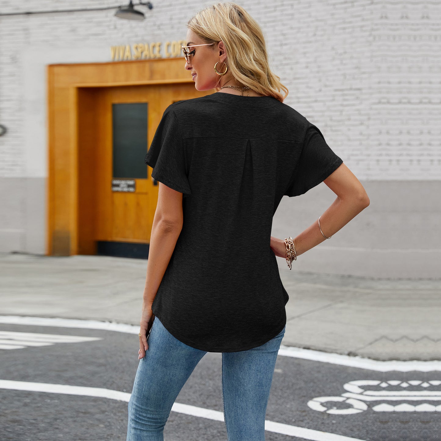 V-Neck Flutter Sleeve Swallowtail T-Shirt