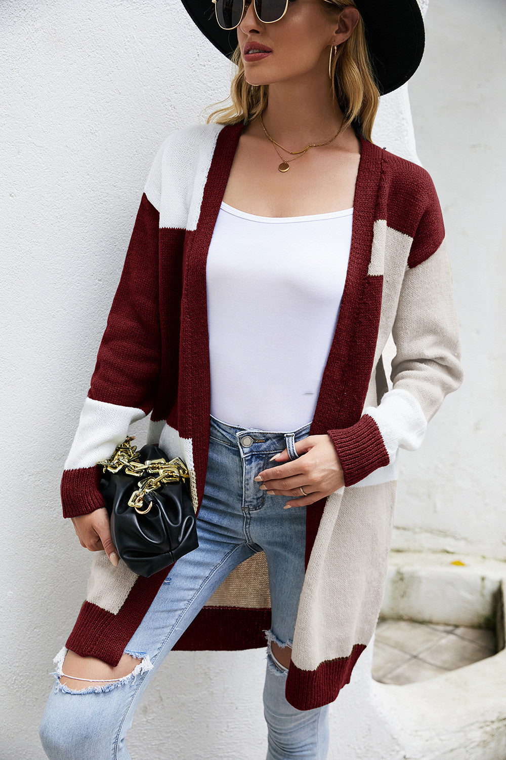 Loose Plus Size Color Block Knitted Cardigan Oversized