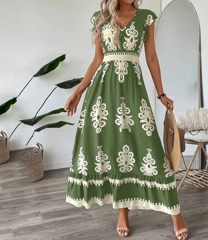 Maxi Dress for Women Casual V Neck Cap Sleeve