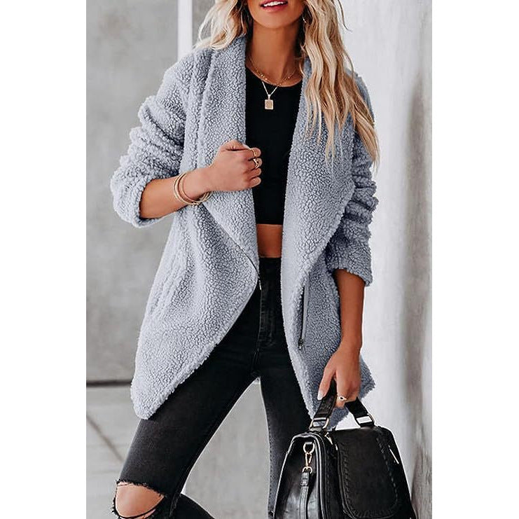 Casual Wool Lamb Jacket Zipper Pocket Fleece Coat