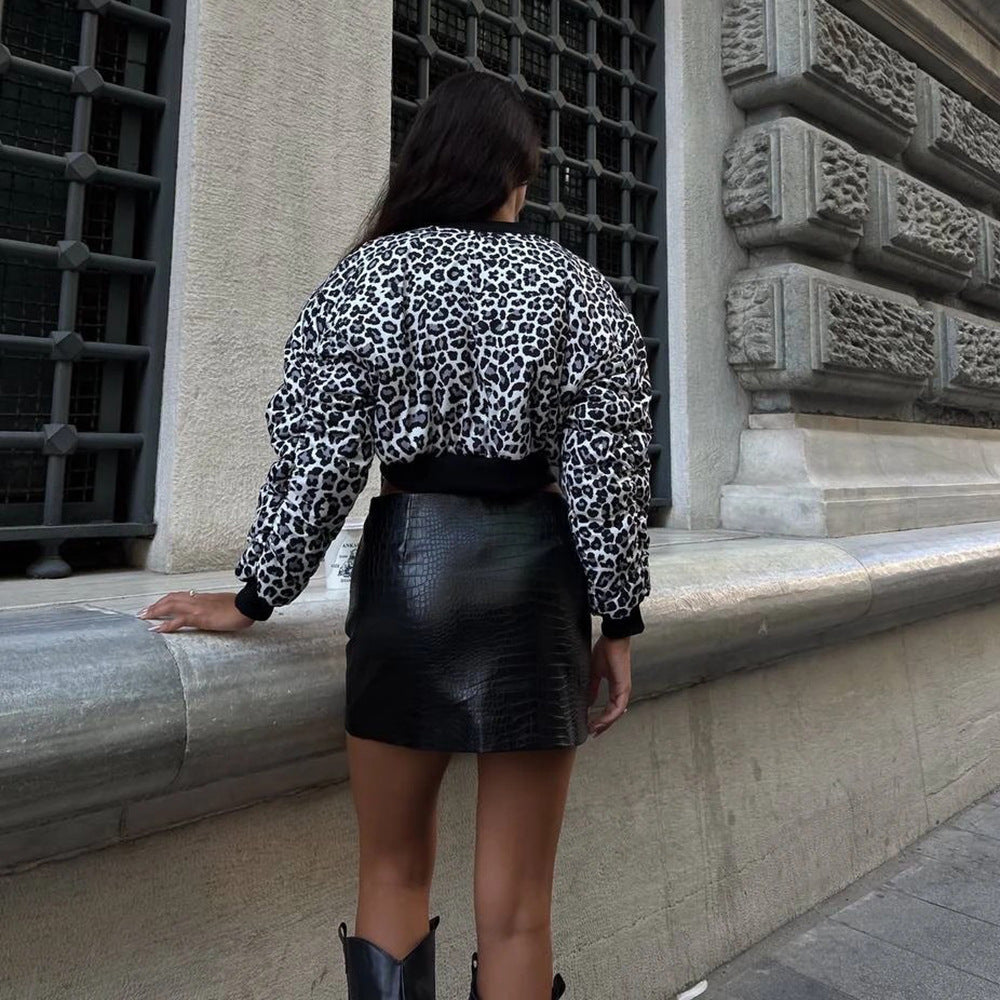 Color Effect Collar Short Zipper Jacket Coat Leopard