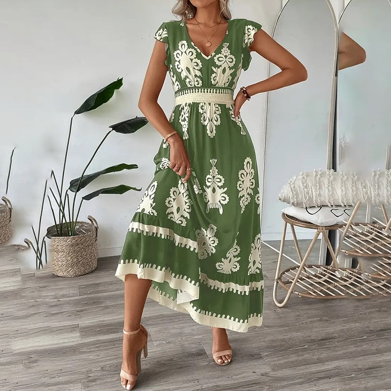 Maxi Dress for Women Casual V Neck Cap Sleeve