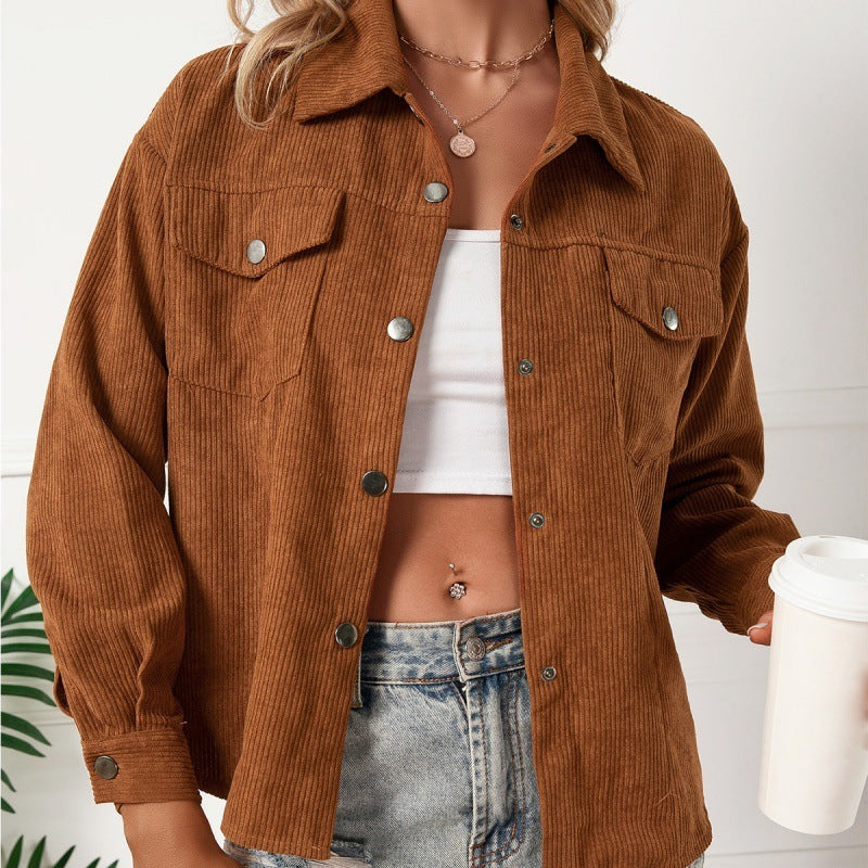 Corduroy Single Breasted Lapel Pocket Shirt Jacket